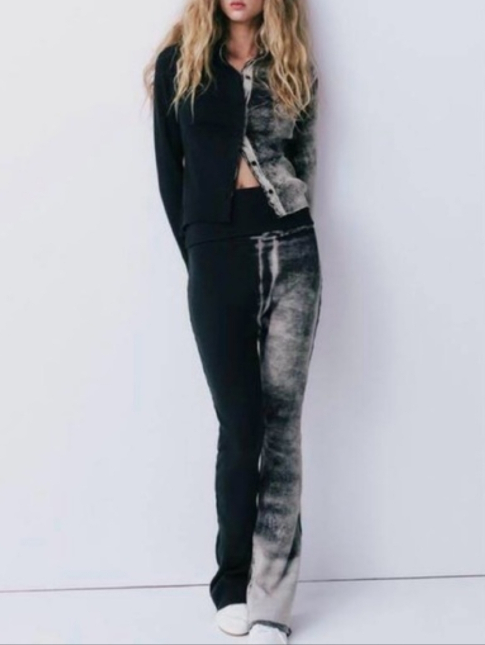 Zara Washed Effect Buttoned Top & Pants Black & White Size Small NWT
